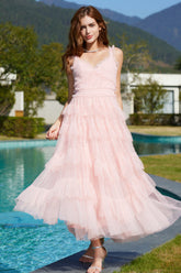 Ruffle V Neck Tiered Tulle Evening Dress